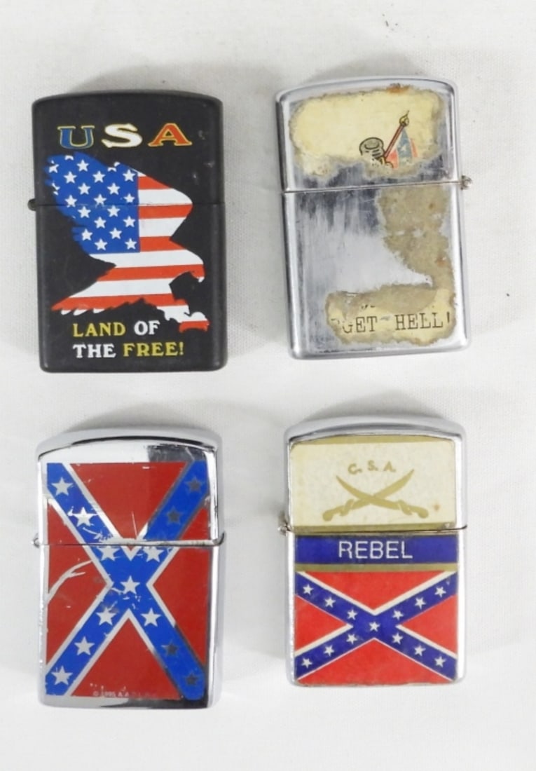 (3)CONFEDERATE FLAG & (1)USA LIGHTER: (3)CONFEDERATE FLAG & (1)USA LIGHTER, 2 CONF. FLAG FADED/WORN, 1 CONF. FLAG, "REBEL" CSA & PLAYING CARD DESIGN, 1 FLAG EAGLE "USA LAND OF THE FREE"