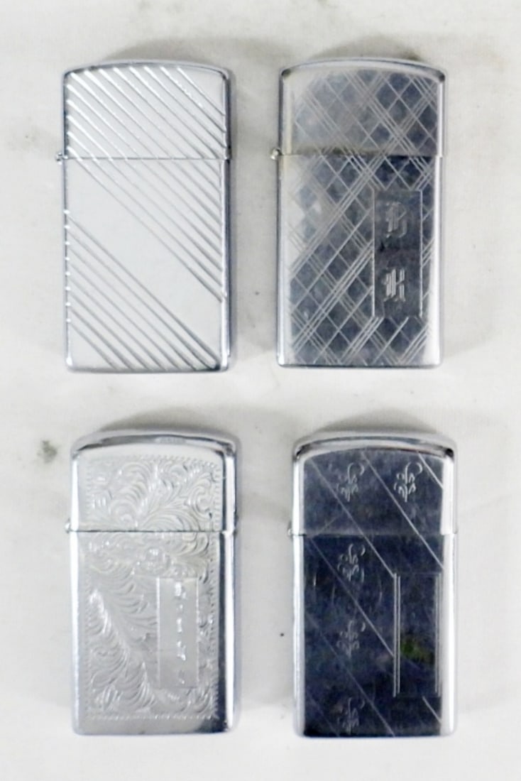 (4) ART DECO SILVERTONE SLIM ZIPPOS (1 of 2)