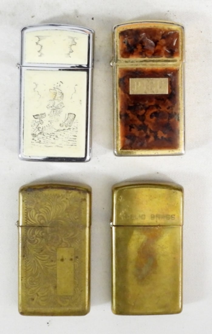 (4) ZIPPO SLIM LIGHTERS ALL DIFF: (4) ZIPPO SLIM LIGHTERS ALL DIFF, SHIP AND WHALE DESIGN, BROWN ENAMEL DESIGN, SOLID BRASS, BRASS SCROLL PATTERN