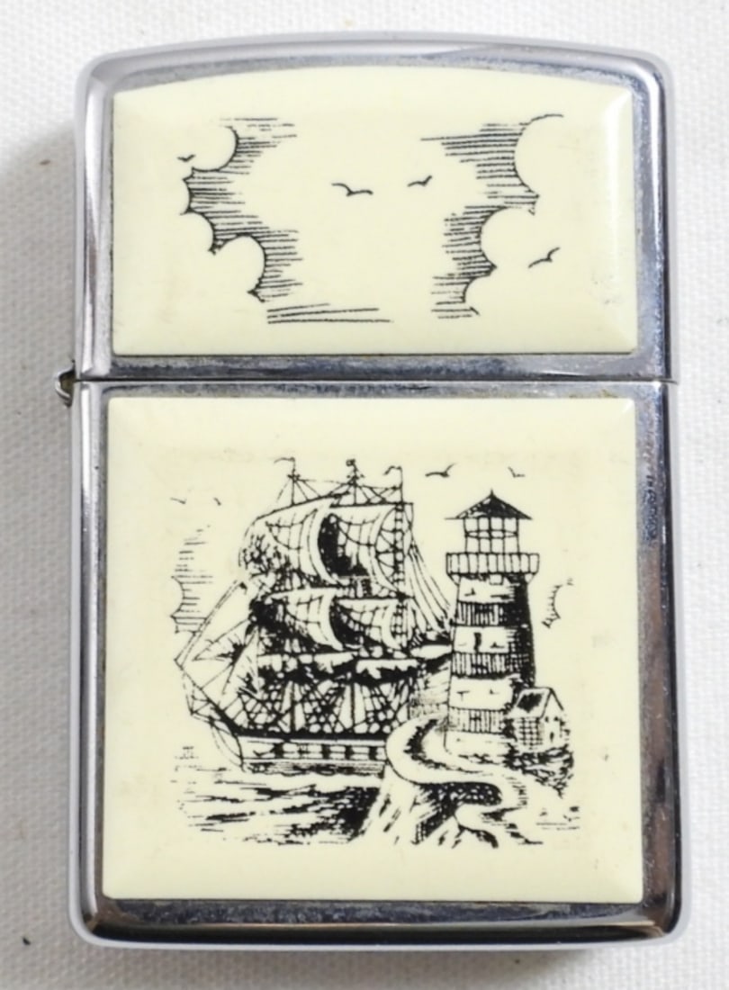 1995 FIRED SCRIMSHAW SHIP, LIGHTHOUSE ZIPPO: 1995 FIRED SCRIMSHAW SHIP, LIGHTHOUSE ZIPPO