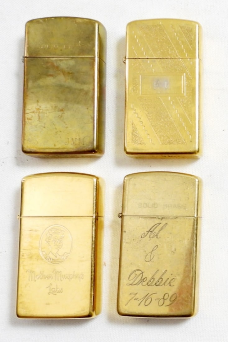 (4) BRASS SLIM ZIPPO (1) UNFIRED (3) FIRED (1 of 4)