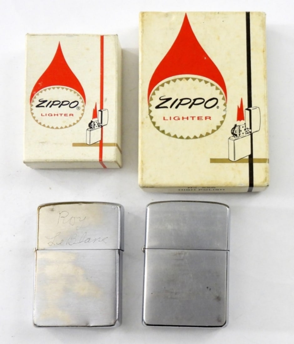 2 PATENT ZIPPO LIGHGTERS: 2 PATENT 2517191 ZIPPO LIGHTERS WITH MATCHING INSERTS, BOTH ENGRAVED , FIRED WITH ORIGINAL BOXES