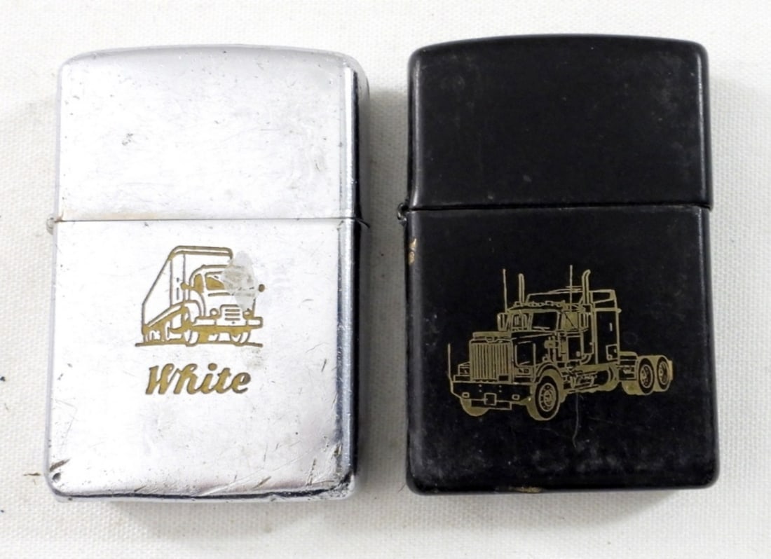 (2) VTG ZIPPO with SEMI-TRUCK FRONTS: 1959 WHITE & 2001 BLACK CASE - BOTH FIRED