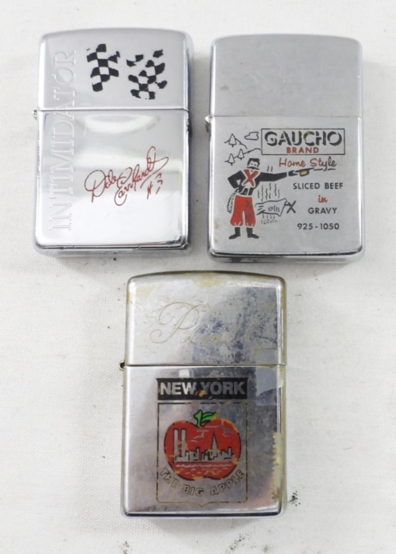 1963 GAUCHO BRAND BEEF in GRAVY ZIPPO: plus 1996 DALE EARNHARDT & 1995 NEW YORK APPLE- ALL FIRED