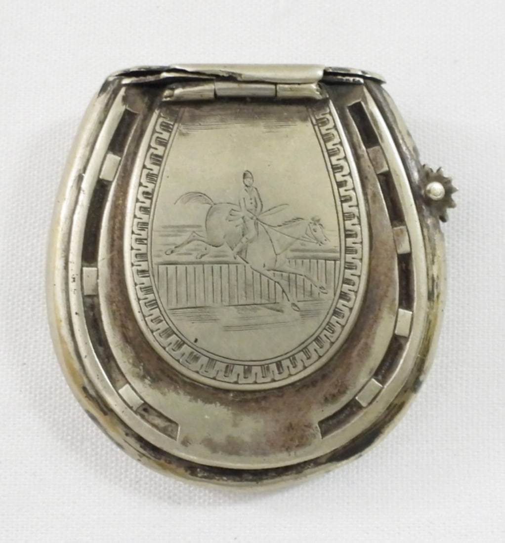 1876 HORSE SHOE MATCH BOX TIN: ENGRAVED JUNE 14th, 1876 From To WITH HORSE RIDER on OTHER SIDE - VERY UNIQUE ANTIQUE