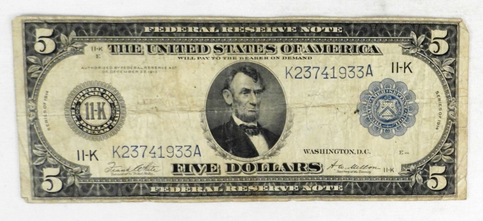 1914 5 FEDERAL RESERVE NOTE  LG CURRENCY (1 of 2)