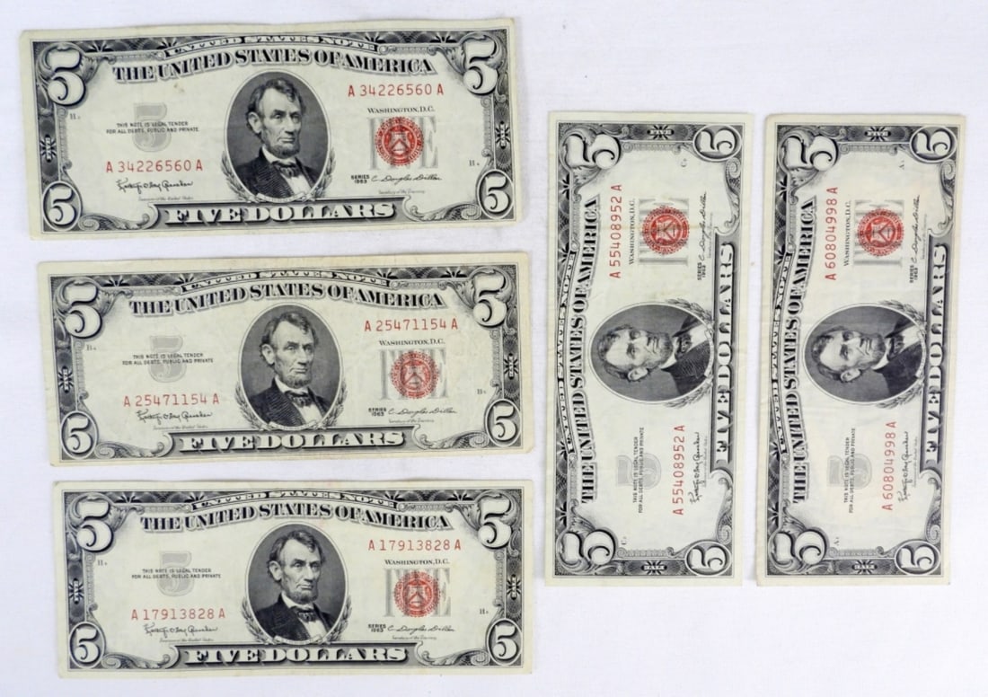 (5) 1963 $5 RED SEAL U.S. NOTES (1 of 2)