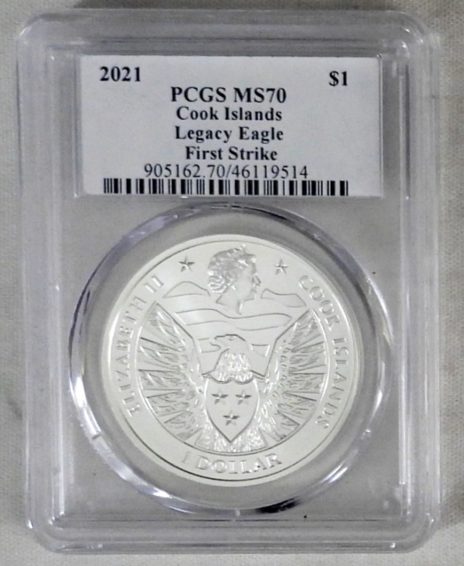 2021 COOK ISLANDS LEGACY EAGLE PCGS MS70: FIRST STRIKE $1 SILVER LEGACY EAGLE