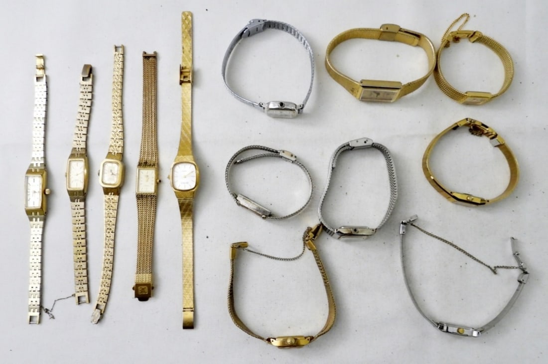 12 WOMENS FASHION WATCHES: UNTESTED ALL DIFFERENT STYLES, SOME BRAND NAME SEIKO, CITIZEN, LORUS, CURRIET, BENRUS