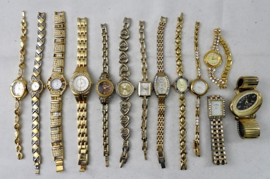 13 GOLD-TONE FASHION WATCHES: UNTESTED, GENEVE, ANNE KLEIN, EMBASSY, L.E. SOME BRANDS