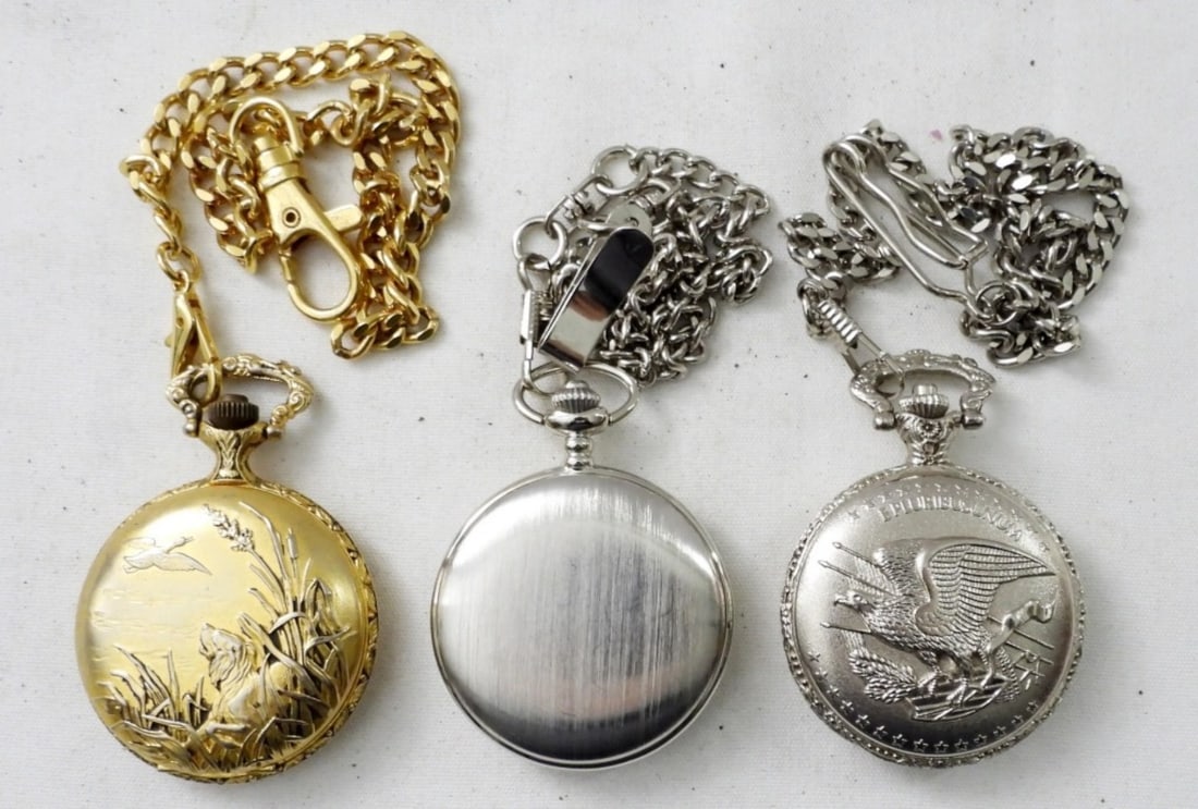 (3) MENS QUARTZ  POCKET WATCHES w/ CHAINS (1 of 4)