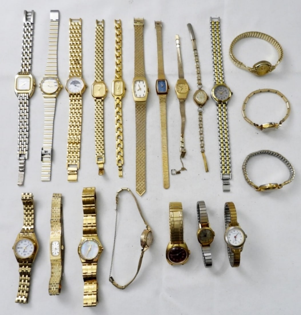 (20) MODERN LADIES FASHION WATCHES: (20) MODERN GOLD TONE LADIES FASHION WATCHES, QUARTZ, GENEVA, GRUEN & MORE. (6) STRETCHY BANDS, (14) CLASP BANDS. NOT TESTED AS TO WORKING OR NOT