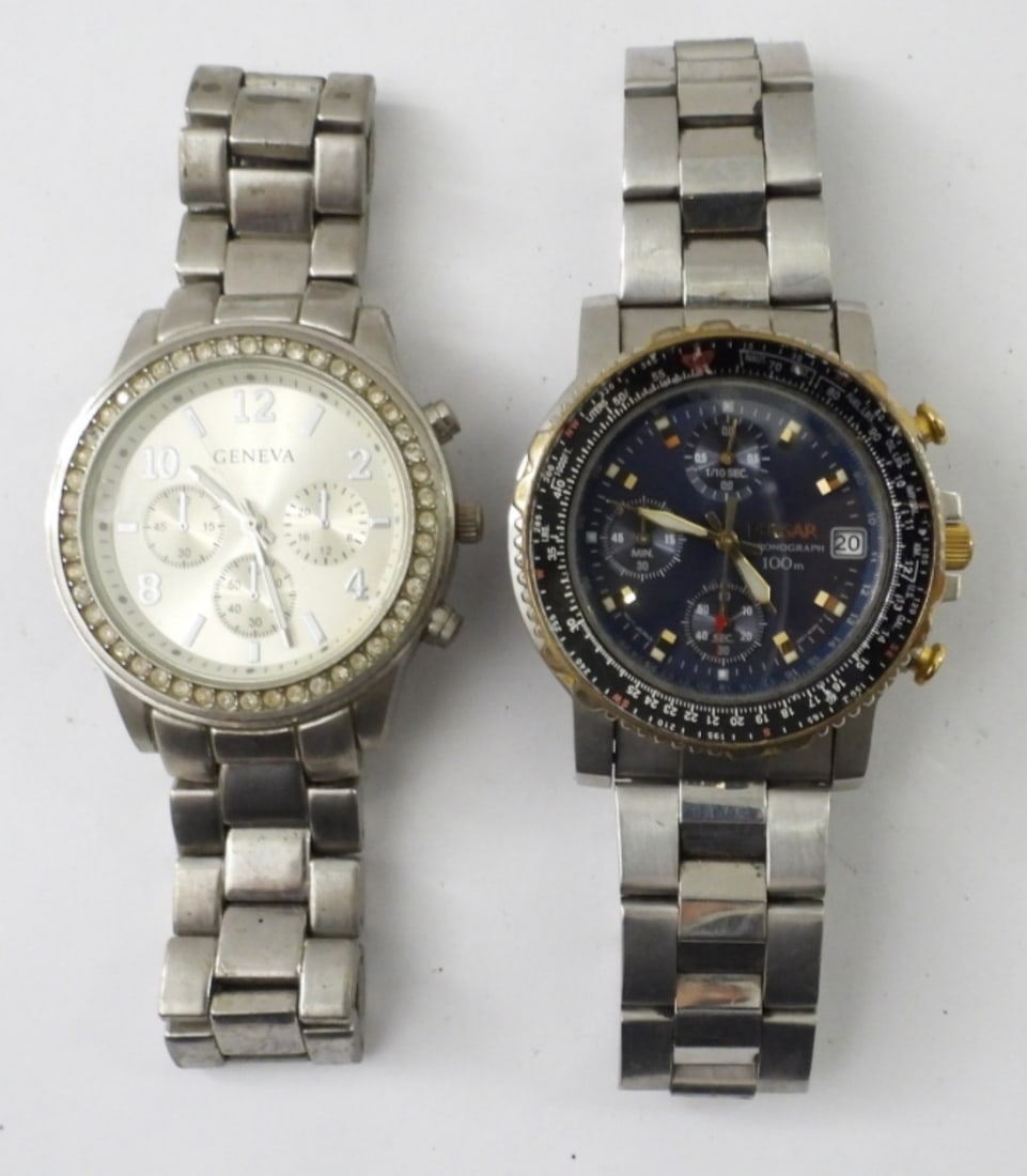 (2) GENEVA & PULSAR CHRONO: UNTESTED (2) GENEVA & PULSAR CHRONOGRAPH MENS WATCHES SILVERTONE, METAL LINK BANDS, FOLDING CLASP