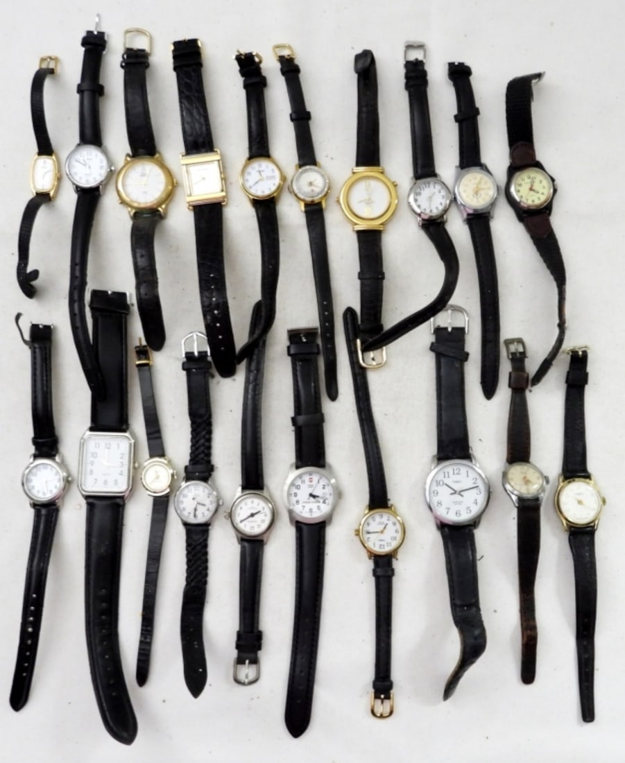 (20) BLACK WRIST BAND WATCHES: UNTESTED, QUARTZ, WHITTNAUER,TIMEX,