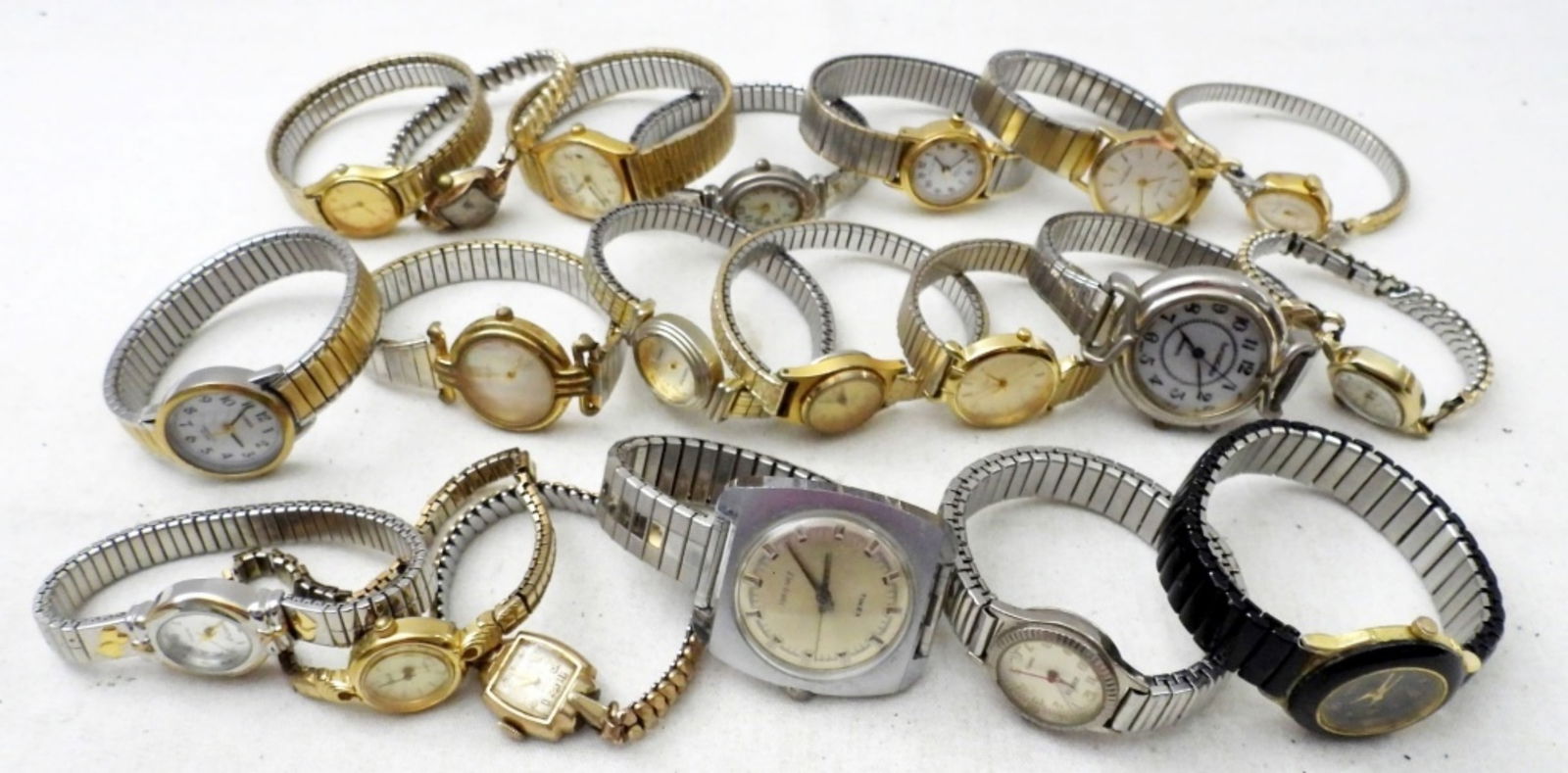 (20) STRETCH BAND WATCHES: UNTESTED, TIMEX, GENEVA, ELGIN, FOSSIL,