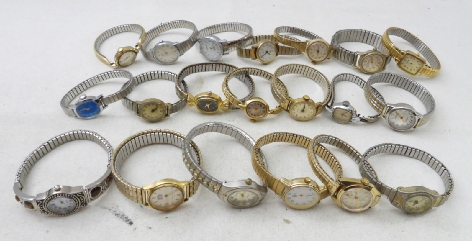 (20) SILVER & GOLD STRETCH BAND WATCHES: UNTESTED, WALTHAM, HAMILTON, CC-HUGES, TIMEX