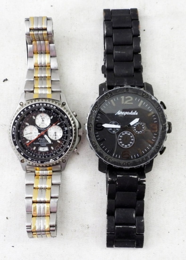 (2) BLACK & SILVER CHRONOGRAPH MENS WATCHES: UNTESTED, AEROPOSTALE, PULSAR