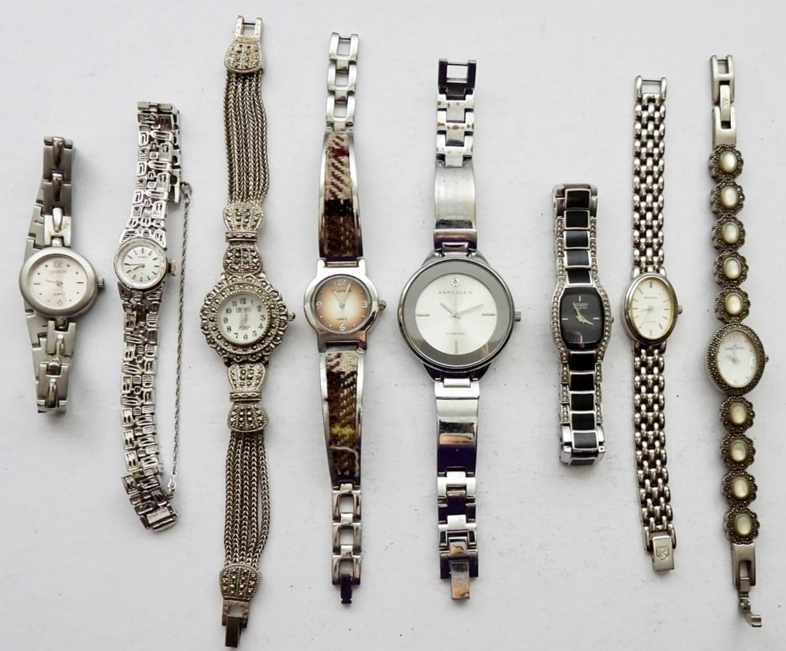(8) LADIES BLINGY DRESS WATCHES: SILVER TONE WITH FAUX PEARL, BLACK ONYX, GEMSTONES - ALL DIFFERENT BRANDS UNTESTED / UNVERIFIED