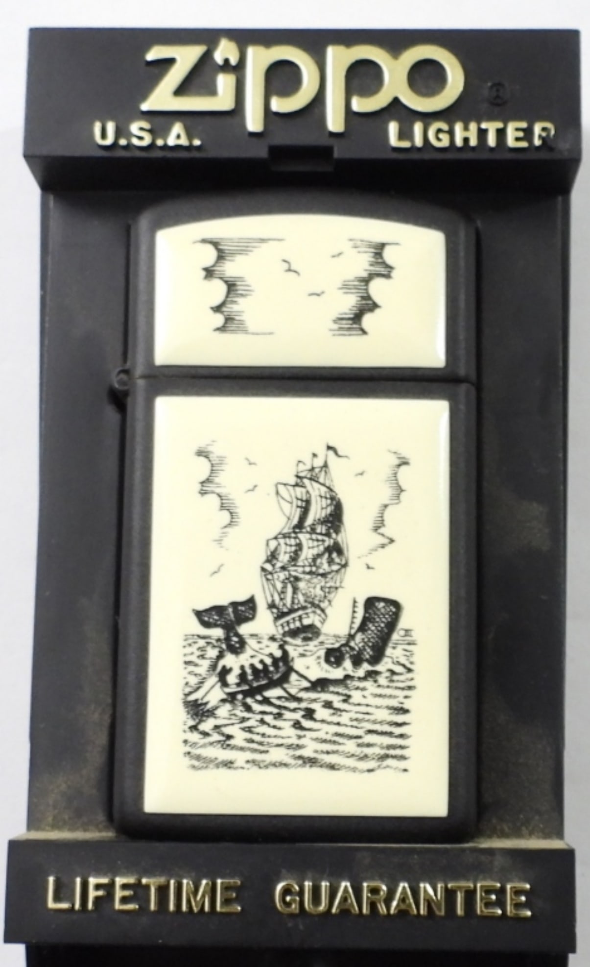 1991 ZIPPO SLIM MATTE BLACK CRIMSHAW LIGHTER: FIRED, WHALE WHALING, COMES WITH CASE