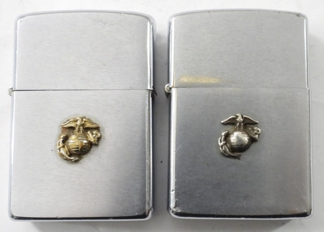 1966 & 1979 MARINES DESIGN ZIPPOS: 1966 & 1979 MARINES DESIGN ZIPPOS, BOTH FIRED, 1966 WITH 2517191 PAT AND MATCHING INSERT, WORN DESGIN, 1979 GOOD CONDITION