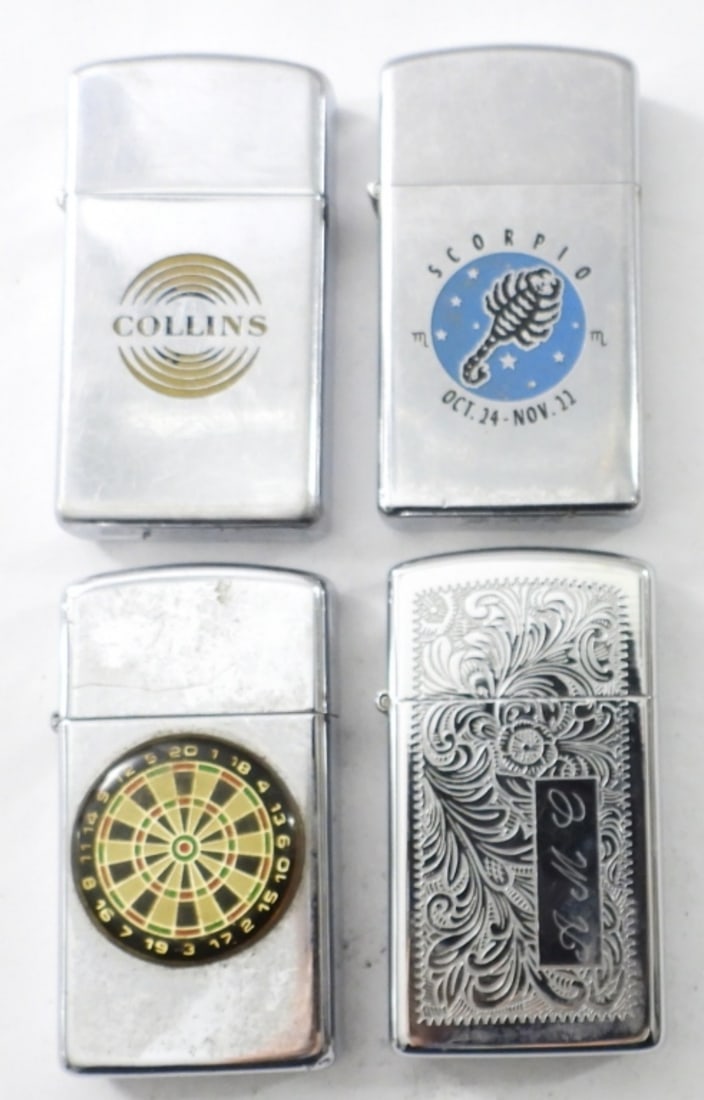 (4) SLIM ZIPPOS W/ DESIGNS (1 of 4)
