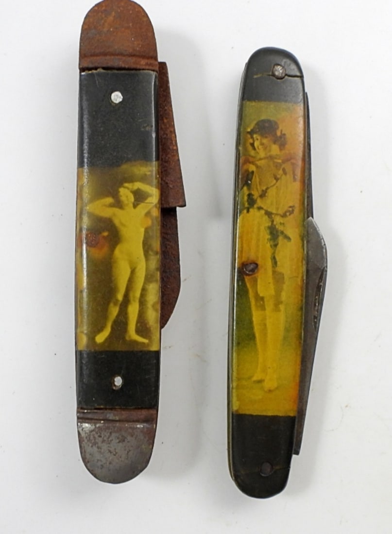 (2) ANTIQUE NUDITY / GIRLIE KNIVES: (1) missing half of back piece - BOTH SHOW WEAR