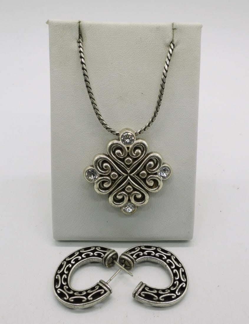 BRIGHTON ALCAZAR LOVE RETIRED NECKLACE: BRIGHTON ALCAZAR LOVE, RETIRED SWAROVSKI NECKLACE 20" AND A PAIR OF BRIGHTON LOOK ALIKE PIERCED HOOP EARRINGS.