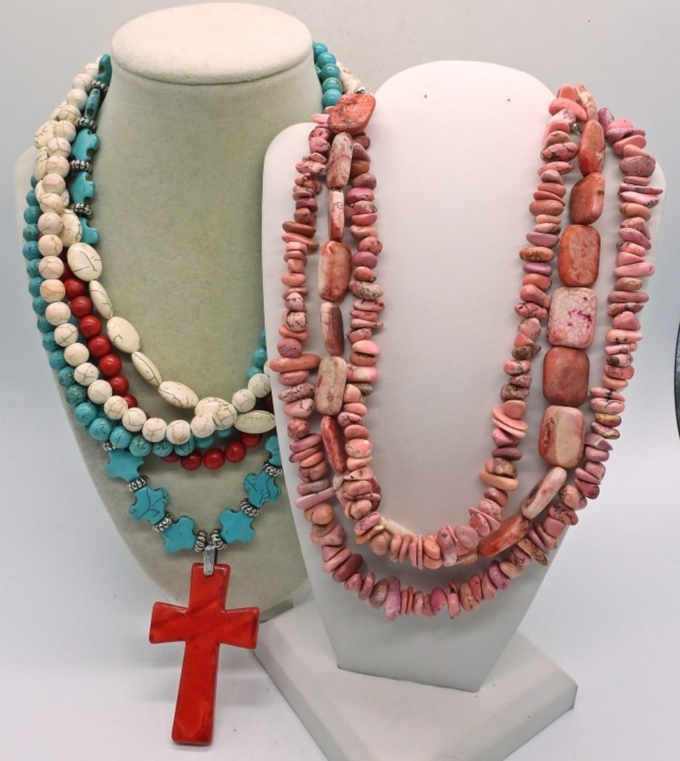(2)CHUNKY GEMSTONE MULTI STRAND NECKLACES: TWO MULTI STRAND, CHUNKY GEMSTONE BEAD NECKLACES. TOGGLE CLASPS. 17" & 18".