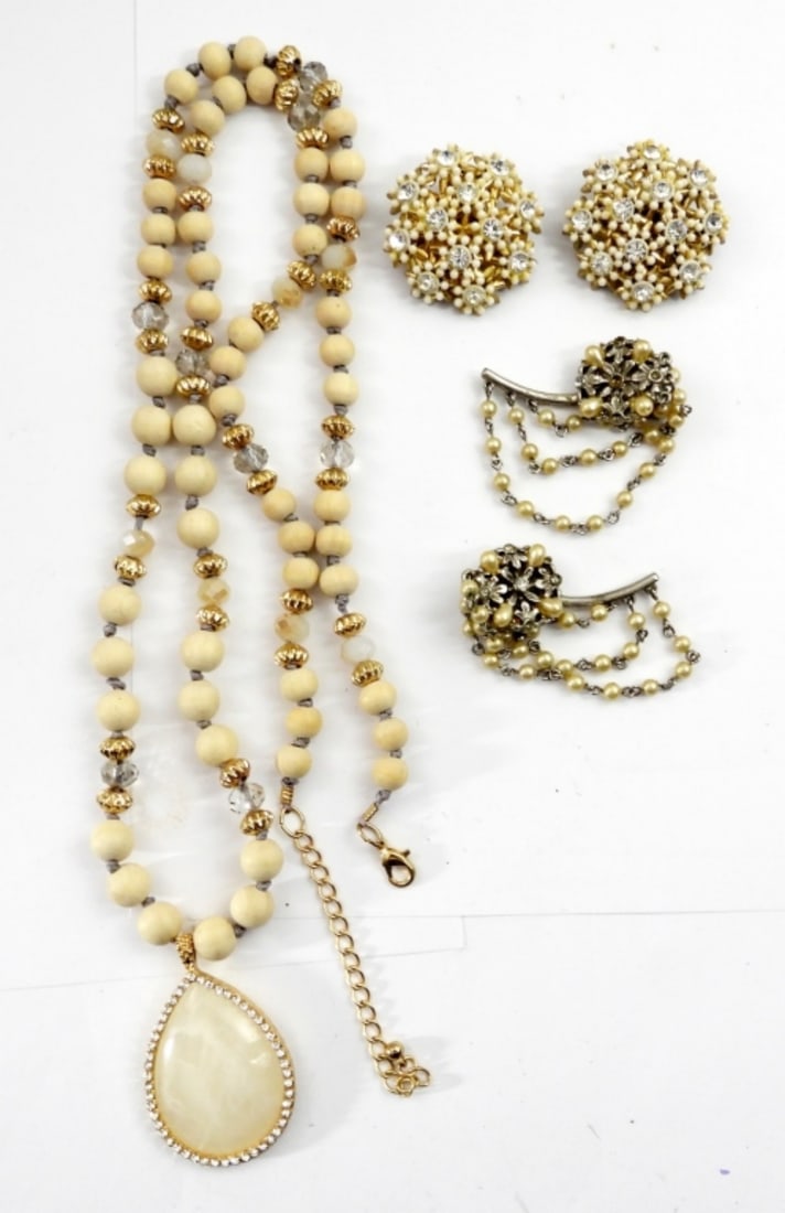 STUNNING NECKLACE AND (2) EARRING LOT: NECKLACE 32in LONG EARRINGS ARE CLIP ON