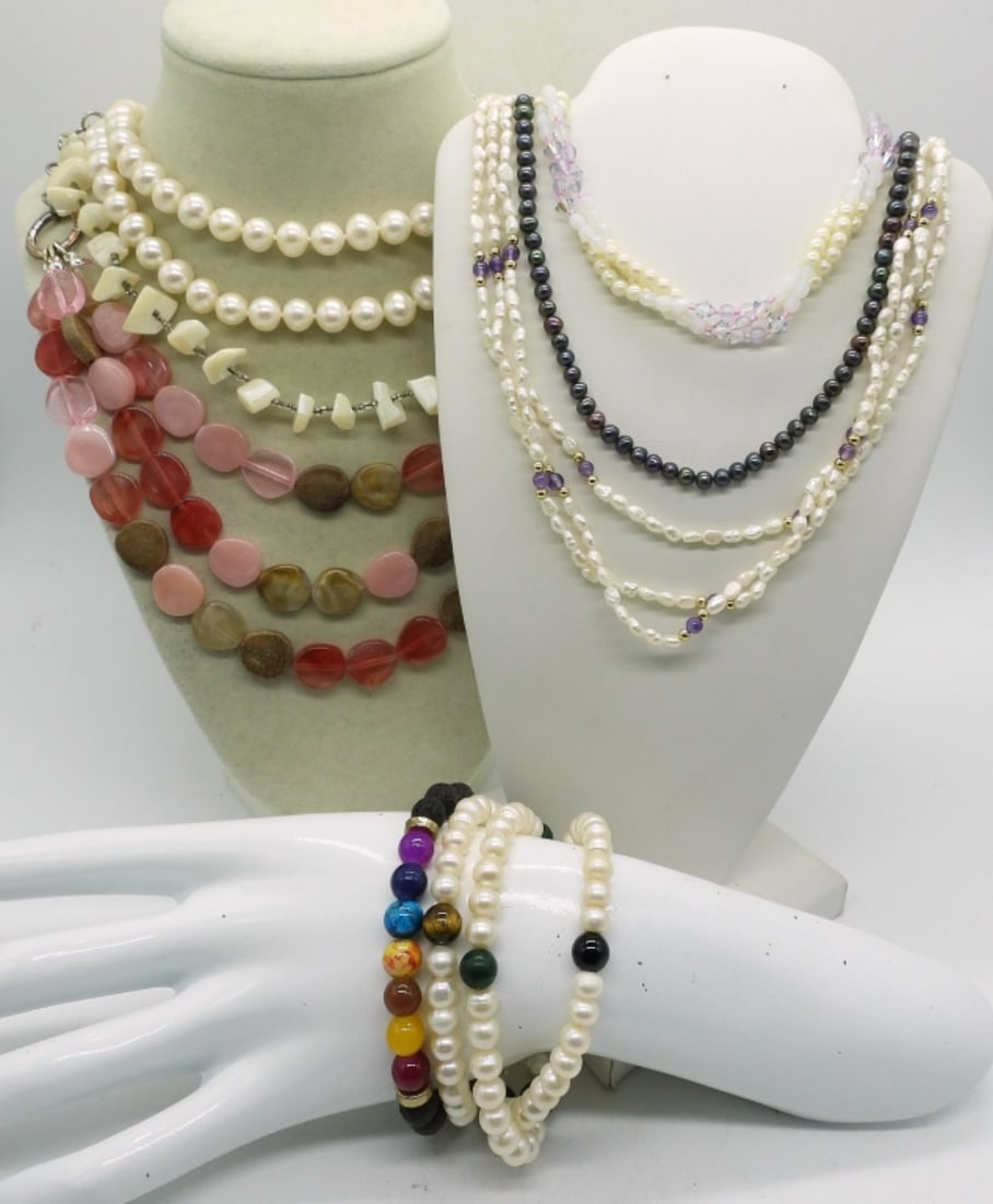 PEARL & GEMSTONE NECKLACES/BRACELETS: SIX NECKLACES, WHITE PEARLS, DARK PEARLS, BEADED &CRYSTALS. 18-34". FOUR STRETCHY BRACELETS WITH PEARLS, GEMSTONES & LAVA BEADS.