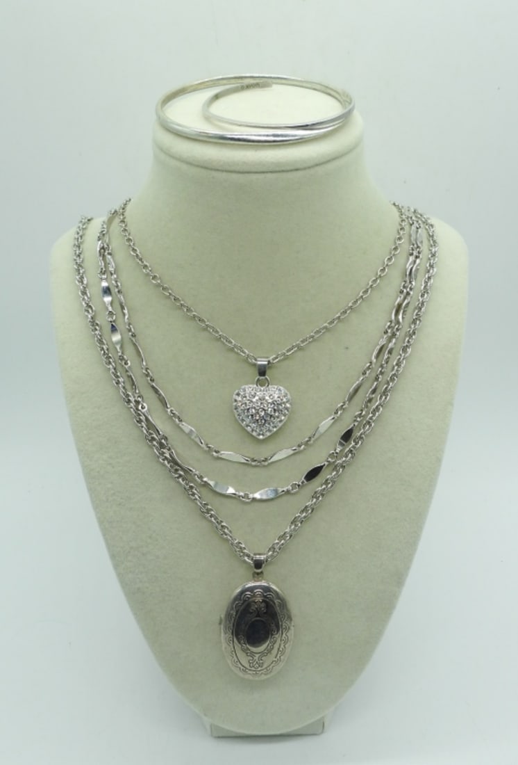 3 Necklaces & 2 Bracelets: Three Silver Tone Necklaces. 19", 24", 38". Two Silver Tone Bracelets.