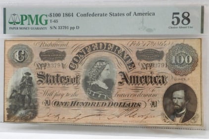 $100 1864 CONFEDERATE STATES of AM PMG58