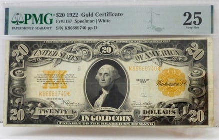 $20 1922 GOLD CERTIFICATE PMG 25