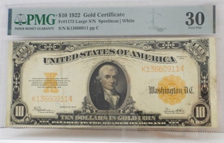 $10 1922 GOLD CERTIFICATE PMG 30