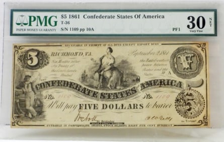 $5 1861 CONFEDERATE STATES of AM PMG 30