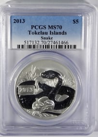 2013  $5 PCGS MS70 TOKELAU ISLAND SNAKE