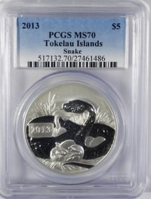 2013  $5 PCGS MS70 TOKELAU ISLAND SNAKE