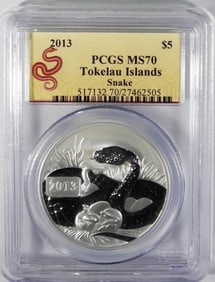 2013  $5 PCGS MS70 TOKELAU ISLAND SNAKE