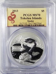 2013  $5 PCGS MS70 TOKELAU ISLAND SNAKE