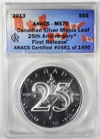2013 ANACS MS70 S$5  MAPLE LEAF  1ST RELEASE