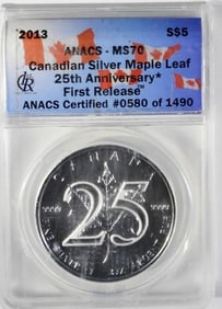 2013 ANACS MS70 S$5  MAPLE LEAF  1ST RELEASE