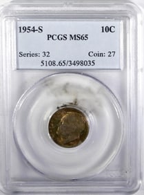 1954-S ROOSEVELT DIME PCGS MS65