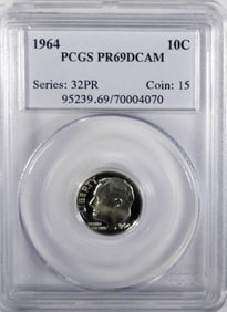 1964 ROOSEVELT DIME PCGS PR69 DCAM