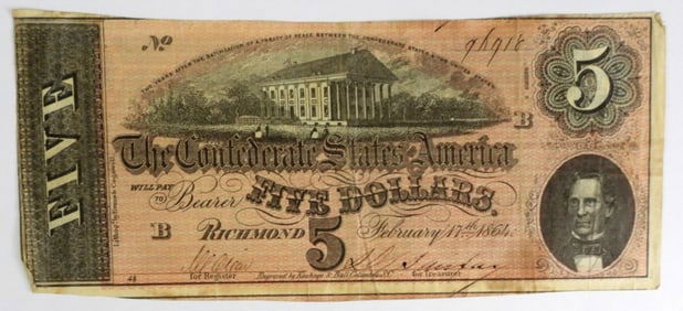 1864 $5 CONFEDERATE STATE OF AMERICA NOTE