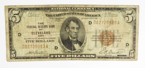 1929 $5  US NATIONAL CURRENCY, CIRCULATED