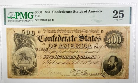 $500  1864 CONFEDERATE STATES OF AM PMG 25