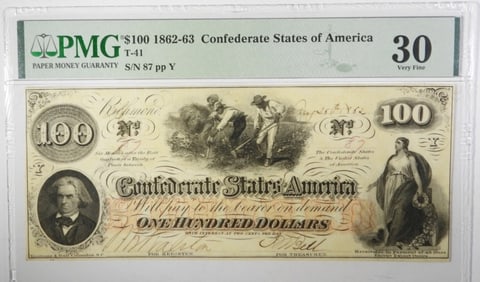$100  1862 CONFEDERATE STATES OF AM PMG 30