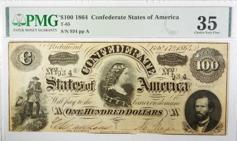 $ 100 1864 CONFEDERATE STATE OF AM PMG 35