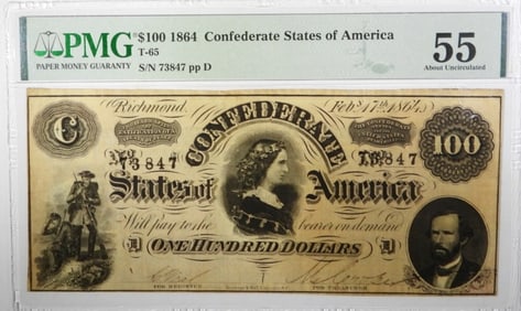 $100 1864 CONFEDERATE STATE OF AM PMG 55