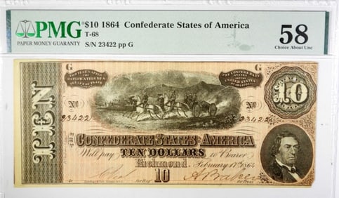 $10 1864 CONFEDERATE STATES OF AM PMG 58